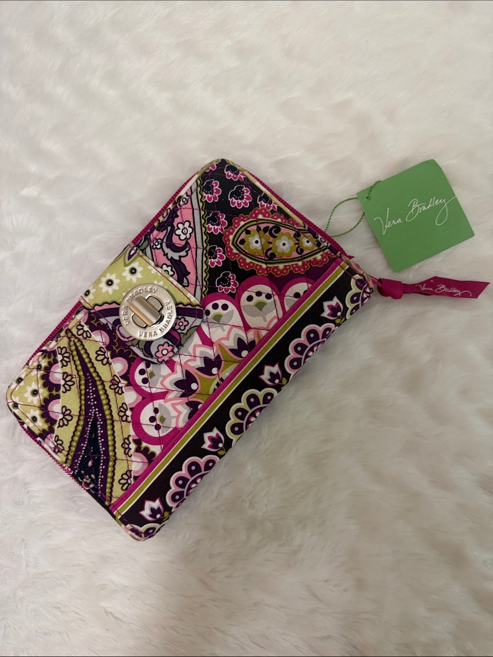 Vera Bradley Pink Paisley Quilted Turn-Lock Wallet with Green Accents
